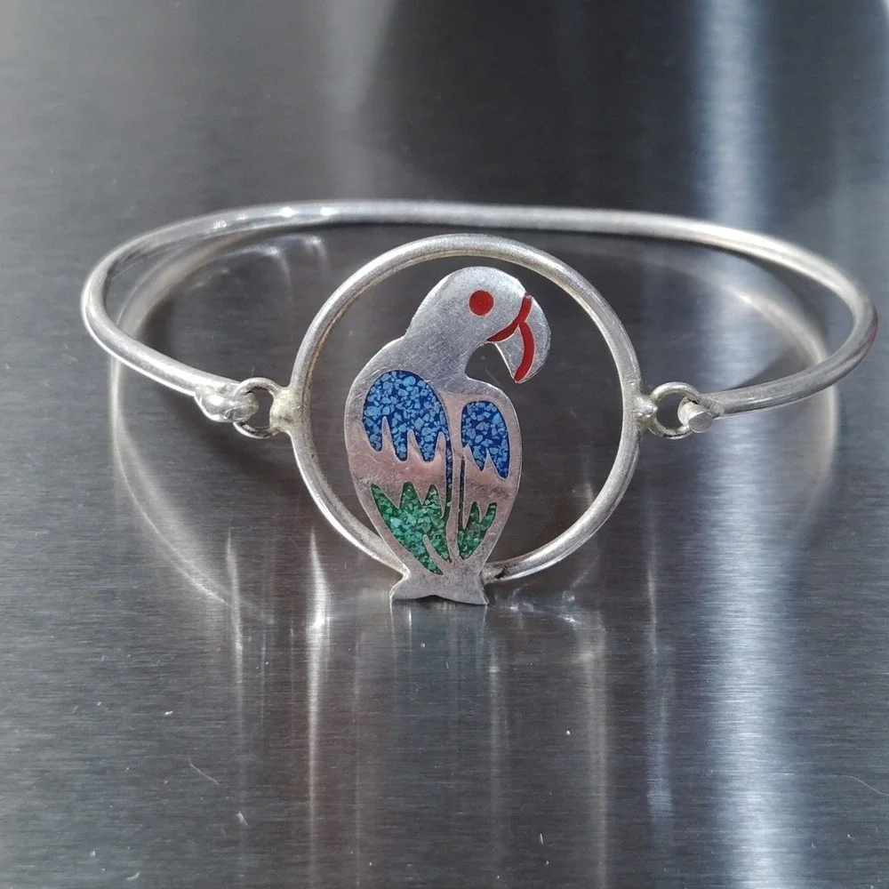 VTG MEXICO ALPACA SILVER PARROT TROPICAL BIRD BRACELET